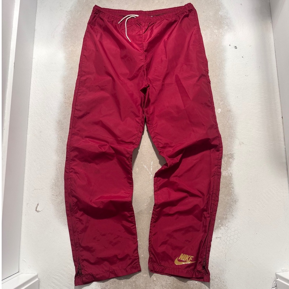 Vintage Nike Sportswear Red Nylon Track Pants Gold Logo Made in USA Mens Medium